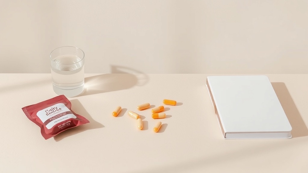 Box de complements alimentaires personnalises avec sachets journaliers, posee sur un bureau ordonne